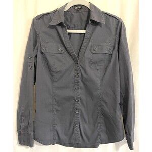 Express Essential Shirt Gray Long Adjustable Sleeves Button Up Vneck Women’s L